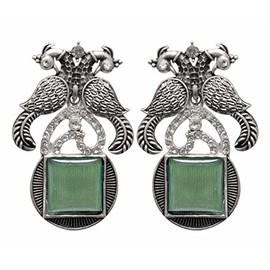 Indian Fashion Fusion Silver Oxidized Ethnic Fashion Designer Party-wear Oxidized Small Drop Dangle Jhumka Earrings (Green Peacock)