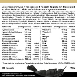 NatureCraft Haar Vitamin Komplex mit 28 Vitalstoffen - Hochdosiert mit Biotin, Keratin, Kollagen, Hyaluron, Zink, Selen, MSM, OPC uvm. fr Haare, Haut & N?gel. 120 Kapseln - (2-Monats Vorrat)