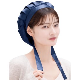 COCOSILK Silk Night Cap, 100% Naturally Spun Silk, Back Ribbon Tie, Hair Cap, For Long Hair Care, navy