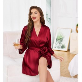 Vlazom Women's Silk Satin Robe 3/4 Sleeves Silk Kimono Bathrobe with Belt,Bridal Wedding Party Robe Purplish Red,Size Large