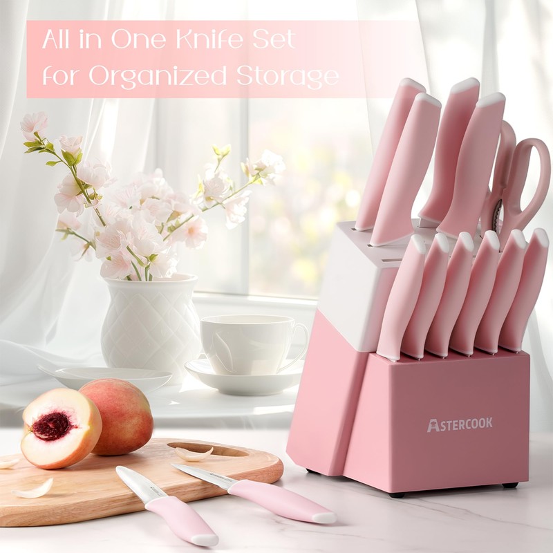 Astercook Knife Set, Kitchen Knives Set with Block and Sharpener
