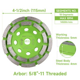 BETTERI Concrete Grinding Wheel 4 1/2 Inch, 5/8"-11 Arbor Diamond Grinding Wheel with 18 Double Row for Polishing and Grinding Concrete Surface Brick Marble Cement Granite