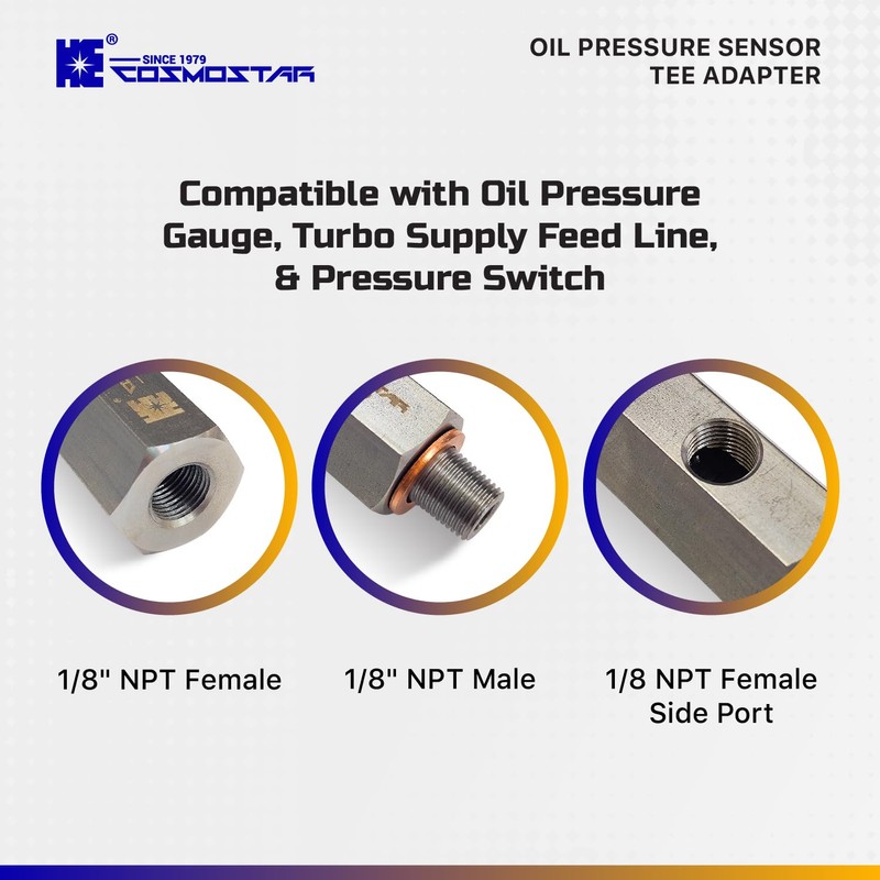 Cosmostar Stainless Steel 1/8" NPT Tee Oil Pressure Sensor Adapter