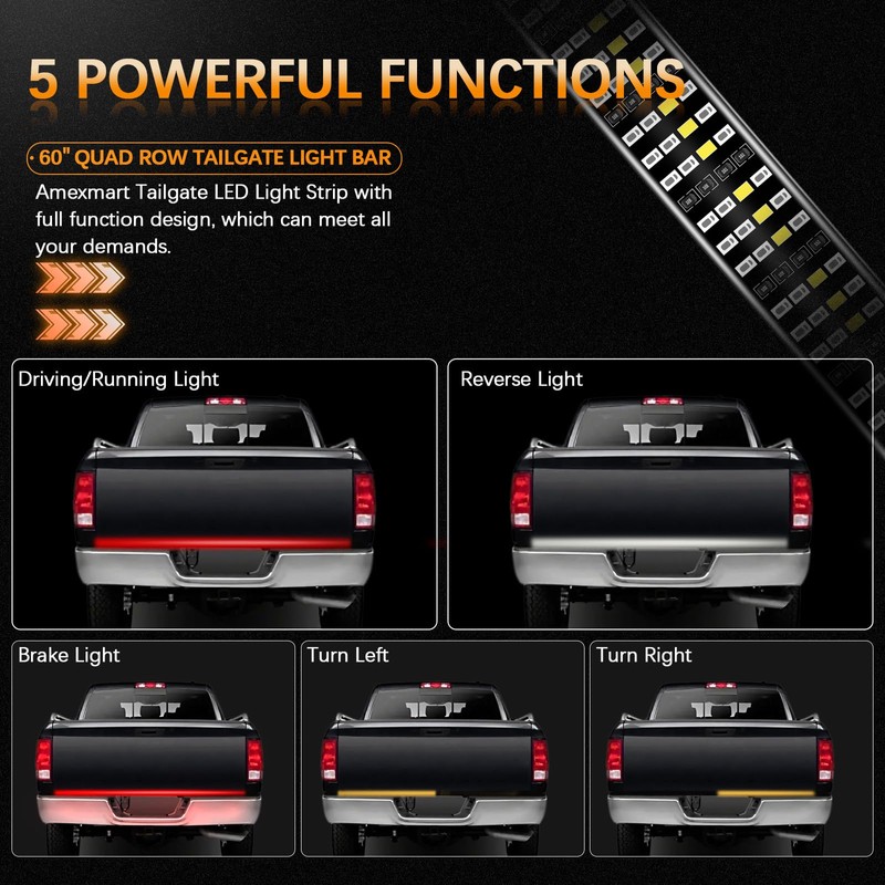 Amexmart 60 Inch Tailgate Light Bar Quad Row LED Tail