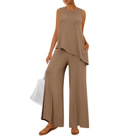 PRETTYGARDEN Women's 2025 Two Piece Matching Lounge Sets Asymmetrical Split Tank Tops Wide Leg Pants Summer Outfits Tracksuit (Khaki,Small)