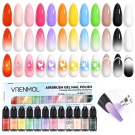 Vrenmol 12PCS Airbrush Gel Polish Set: No Need for Dilution Airbrush Gel Nail Polish 12 Bright Colors for Airbrush for Nails Art Paint Stencils Patterns Gradients Ombre French Nails Manicure Pedicure