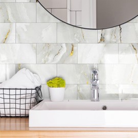 16-Pack Peel and Stick Backsplash Marble Wall Tiles, Waterproof 4" x 8" Glossy Imitation White Gold Marble, PVC Shower Wall Panels for Interior Wall Decor; Tile for Kitchen, Bathroom, and Fireplace