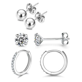 LICHUANUK Hoop Earrings 925 Silver Women's Stud Earrings, 925 Sterling Silver Stud Earrings Hoop Earrings Set, 3 Pairs Small Sleeping Stud Earrings Hoop Earrings Set, 5 mm Stud Earrings & Hoop