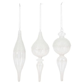 DEMDACO Glittered Silver Tone White Finial 8.5 x 3.5 Blown Glass Christmas Ornament Set of 3