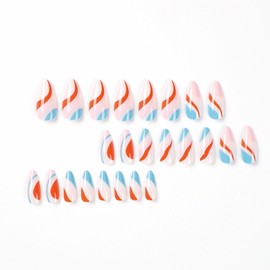 MERVF Medium Press on Nails Almond Fake Nails Press ons Pink French Tip Glue on Nails Striped Stiletto Acrylic Nails with Swirls Design 24pcs Glossy