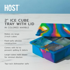 Host Ice Cube Tray with Lid, Makes 6 Large 2" Cubes, Durable Silicone Trays, Perfect for Cocktails, Beverages, Mocktails, Iced Coffee, Tea, Infused Water, Kitchen Essentials, Set of 1, Colored Marble