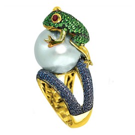 Tuwiqsdi Frog Pear Ring Fashion Jewelry 18k Gold Filled Toad Playing with Pearl Two-Tone Ring Size 6-10 for Women(7)