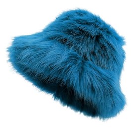 Reyox Women Winter Fuzzy Bucket Hat Warm Solid Color Faux Fur Fisherman Cap Blue