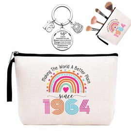 2PCS 60th Gifts for Women of Make Up Bag 60th Birthday Gift Bag for Women with 60th Birthday Metal Keychain Funny 60th Birthday Gifts for Women Rainbow Make Up Bag Inspirational Keyring Gifts