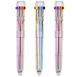 HeTaoCat Multicolor Pens 3 Pack 0.5mm 10-in-1 Retractable Ballpoint Pens - 10 Colors Transparent Barrel Ballpoint Pen for Office Supplies (Transparent)