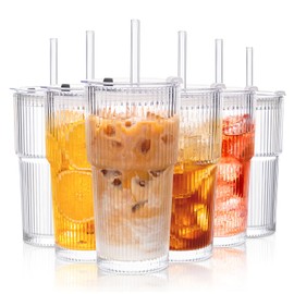 KEMORELA 6-Pack Ribbed Glass Tumblers with Lids & Straws – Vintage Style Iced Coffee Cups, Durable Smoothie & Cocktail Drinking Glasses, Reusable Clear Glassware for Home, Cafe, Office