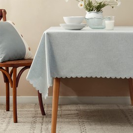 Fennco Styles Woven Solid Color Scalloped Tablecloth 56" W x 80" L - Light Blue Wrinkle-Free, Heat-Resistant Washable Table Cover for Everyday Use, Holidays, and Indoor Outdoor Events