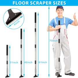 Greeily Floor Scraper, 31" to 61" Scraper Tool Long Handle with 4-inch Razor Blade Stainless Steel Material Adjustable Cleaning Glass Wall Gum Paint Tile Glue Linoleum Carpet Sturdy Durable