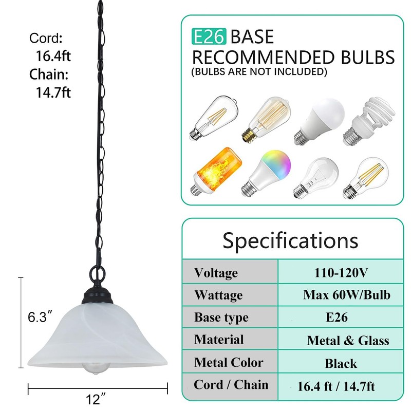 SHENGQINGTOP Traditional Plug in Pendant Light Fixture Alabaster Glass Shade,