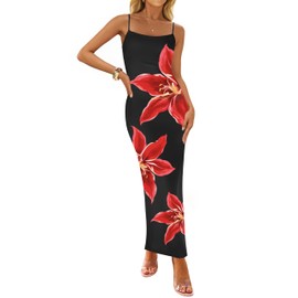 ZESICA Women’s Summer Bodycon Maxi Dresses 2025 Floral Spaghetti Strap Square Neck Sleeveless Boho Beach Long Dresses,Black,M