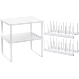 Marsui 4 Pcs Kitchen Organizer Accessories Set Cabinet Organizer Shelf and Bamboo Dish Drying Plate Rack Counter Shelves Storage Holder for Spice Rack, Dish, Pot Lid, Bowl, Cup (White)