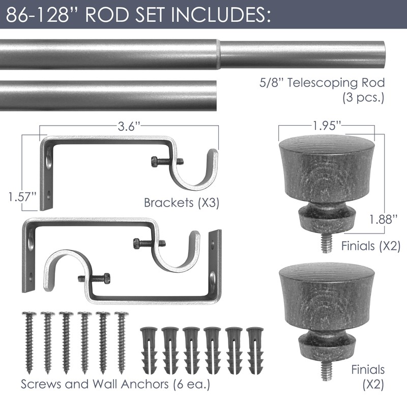 Stockton 86-128 Inch Adjustable Curtain Rod Set, 5/8 Inch Diameter