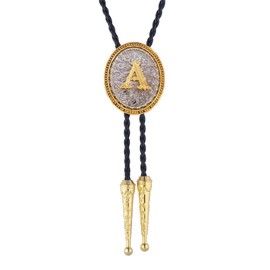 Western Initial Letter Bolo Tie for Men, Cowboy Rodeo ABCD to Z Leather Necklace, Cowgirl Western Accessory for Women (A)