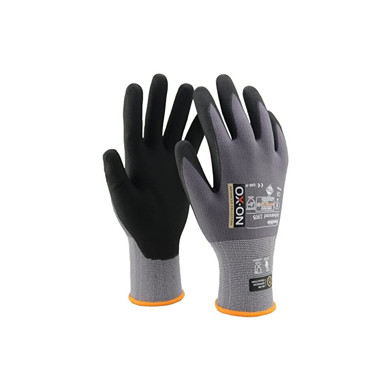 OX-ON Flexible Advanced 1905 Grey Work Gloves, Extremely Durable Safety