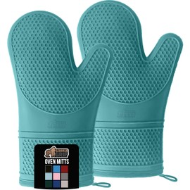 GORILLA GRIP BPA-Free Soft Silicone Oven Mitts, Heat Resistant and Waterproof Cooking Gloves, Thick Cotton Lining, Flexible Gripping for Baking Grilling, Kitchen Potholders Set, 12.5x8.3, Turquoise