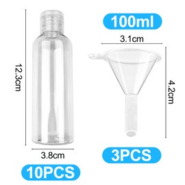 Newpop Pack of 10 Travel Bottles for Filling, 100 ml Plastic Bottles Set, Travel Bottles with 3 Funnels, Empty Filling Bottles Travel, Travel Size Container, Cosmetic Bottles for Shampoo, Lotion, Conditioner