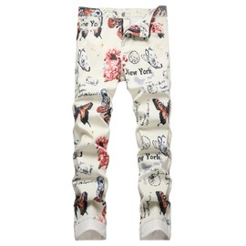 Men's Casual Skinny Pants Butterfly Foral New York Printed Denim Jeans Pants,875 White,Size 40