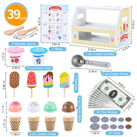 Mini Wooden Ice Cream Toys for Kids Pretend Play Kitchen Food Toys, Counter Shop Playset for Toddlers with Scoop & Menu & Fake Money for 3 4 5 6 Year Old Girls Boys Christmas Birthday Gifts