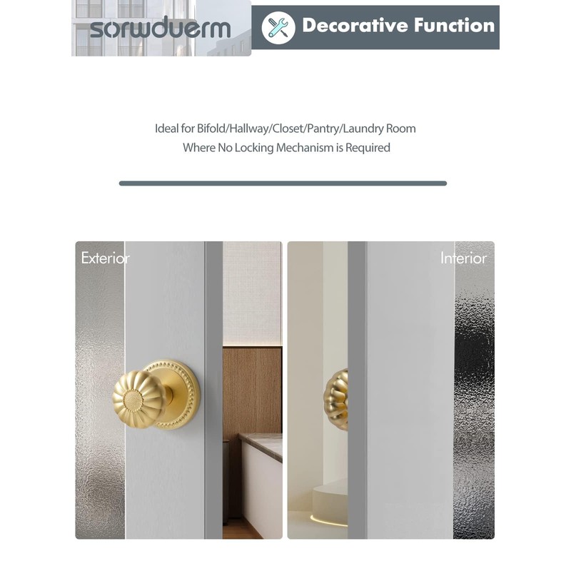 SORWDUERM Dummy Gold Door Knobs Interior Satin Brass Dummy Door