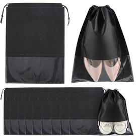 SOFPLATE 10 Pack 14.3 x 10.6 Inch Drawstring Shoe Bag Portable Shoe Bags with Clear Window Black Dust Proof Non Woven Cloth Fabric Organizer Pouches Sets for Travel Boot Luggage DIY Protecting Storing
