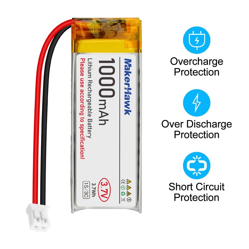 MakerHawk 4 Pack 3.7V 1000mAh LiPo Battery Rechargeable 1S 3C