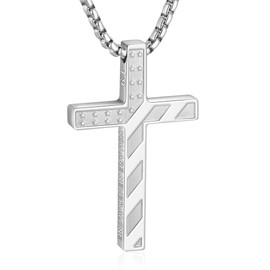 WINFY American Flag Cross Necklace for Boys Men Inspirational Christian Bible Verse Cross Pendant Stainless Steel Chain 20+2 inch Patriotic Jewelry Religious Gift for Men（Silver-1：9）