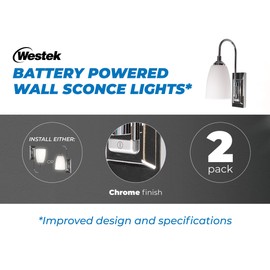 Westek Battery Operated Wall Sconce, 2 Pack – 4 Hour Auto Shut-Off Battery Wall Sconce, 100 Lumens – Plastic with Chrome Finish – Battery Wall Light with Easy Install – 2 Light Settings