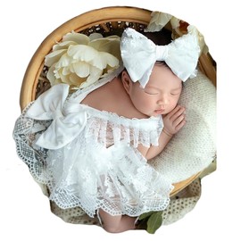 Zeroest Newborn Photoshoot Outfits Girl Photography Props Infant Baby Girls Photo Prop Dress Romper with Headband (White)