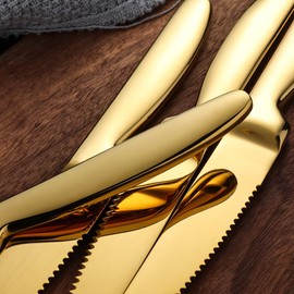 DOCBLACK Stainless Steel Steak Knives set of 8 Serrated Steak Knife Sets with Sharp Blade, 8.66 Inches(22 CM) Silverware Cutlery Table Knives for Steak (Gold)