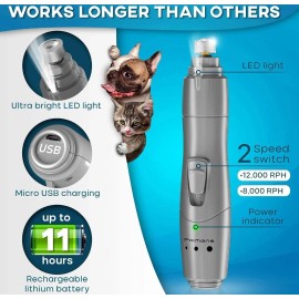 Primens Dog Nail Grinder Primens Claw Master Rechargeable Professional  w/ LED Light