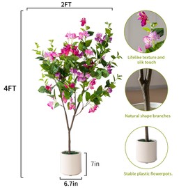 Erimda 4FT Artificial Bougainvillea Tree Artificial Tree Tall Potted Fake Bougainvillea Trees for Outdoor Indoor Lifelike Potted Faux Plants with Wood Trunk and Flowers Office Wedding Home Decor