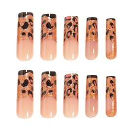 BABALAL Long Press on Nails Square Fake Nails Brown French Tip Acrylic Nails Gold Cheetah Shiny False Nails Y2k Bling False Nails 24Pcs Squoval Glossy Gyaru Full Cover Stick on Nails for Women Girls