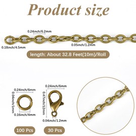 SUNNYCLUE 32.8 Feet/10M 4.5mm Bronze Chain Set Necklace Chains Kit Antique Metal Iron Oval Round Connector Cable Links with Brass Jump Rings Alloy Lobster Claw Clasps for Jewellery Making DIY Crafts