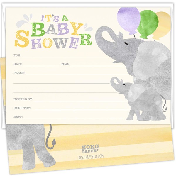 Koko Paper Co Joyful Elephant Baby Shower Invitations. Set of 25 Fill-in Style Cards and White Envelopes. Gender-Neutral Yellow and Gray Design, Printed on Heavy Card Stock.