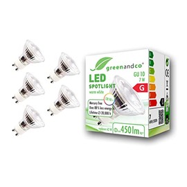 greenandco® CRI90+ LED spot replaces 60 Watt GU10 halogen spot, 7W 510 Lumen 3000K warm white SMD LED spot 36° 230V AC glass with protection glass, not dimmable, flicker free.