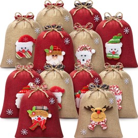 12Pcs Burlap Christmas Gift Bags with Drawstring, 8x10in 3D Doll Christmas Goody Gift Bags Small Xmas Candy Bags, Linen Treat Bags Christmas Gift Wrapping Bags Holiday Party Favors Decor Santa Sacks