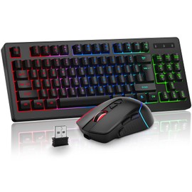 BlueFinger Wireless Gaming Keyboard and Mouse Combo, Long Lasting Rechargeable Battery 87 Keys RGB Rainbow Backlit Gaming Keyboard & Ergonomic Light Up Gaming Mice for Mac Laptop Computer PC Gamer