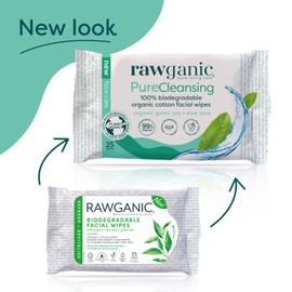 RAWGANIC Pure Cleansing Refreshing Facial Wipes with Aloe Vera and Green Tea | Gentle Soothing Biodegradable Makeup Removal Organic Cotton Wipes | 4 Packs (100 wipes in total)