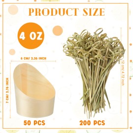 Yiyiring 50 Pcs 4oz Slanted Wooden Dessert Cups with 200 Bamboo Skewers Disposable Tasting Cups for Appetizers, Cheese, Fruits, Weddings, Parties & Charcuterie Boards Mini Snack Containers