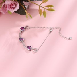 Qings 3 Heart Ruby Birthstone Bracelet for Women Sterling Silver 925 July Infinity Symbol Adjustable Link Bracelets with Cubic Zirconia Charms Friendship Family Birthday Gifts for Girls Her